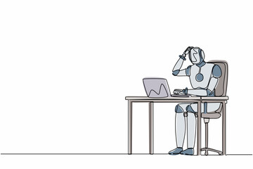 Poster - Single one line drawing confused robot manager working on computer laptop. Future technology development. Artificial intelligence and machine learning. Continuous line draw design vector illustration