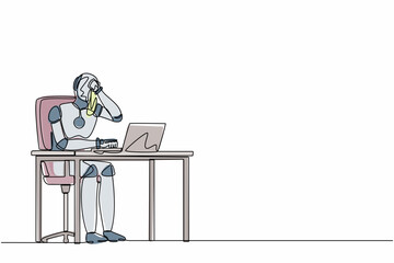 Poster - Single continuous line drawing robot employee crying while wiping tears using tissue and staring at laptop. Robotic artificial intelligence. Electronic technology. One line design vector illustration
