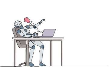 Poster - Single continuous line drawing robot being punched by boxing gloves from computer laptop. Cyber bullying. Robotic artificial intelligence. Electronic technology. One line design vector illustration