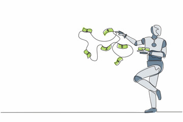 Poster - Continuous one line drawing robot throw out pile of money banknotes flying into the air. Humanoid robot cybernetic organism. Future robotics development. Single line draw design vector illustration