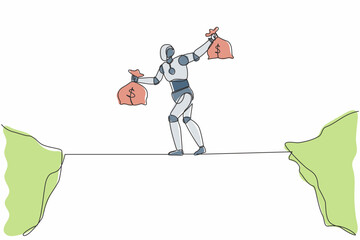 Poster - Continuous one line drawing robot walk over cliff gap mountain carry two money bag risking dangerous. Humanoid robot cybernetic organism. Future robotic. Single line draw design vector illustration