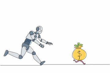 Poster - Single continuous line drawing robot chasing money bag dollar run away. Modern robotic artificial intelligence. Electronic technology industry. Dynamic one line draw graphic design vector illustration