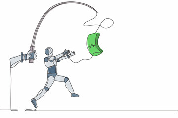 Poster - Continuous one line drawing hand with fishing pole and dollar cash control greedy robot. Humanoid robot cybernetic organism. Future robotics development. Single line draw design vector illustration
