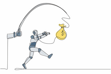 Poster - Single continuous line drawing hand with fishing pole and money bag control greedy robot. Robotic artificial intelligence. Electronic technology. One line draw graphic design vector illustration