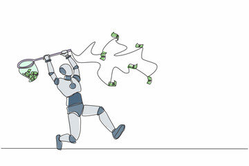 Poster - Single continuous line drawing robot trying to catch flying money with butterfly net. Robotic artificial intelligence. Electronic technology industry. One line draw graphic design vector illustration