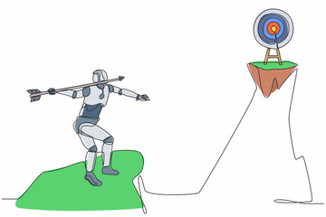 Poster - Single continuous line drawing robot standing on peak of cliff targeting arrow to dartboard. Modern robotic artificial intelligence. Electronic technology industry. One line draw graphic design vector