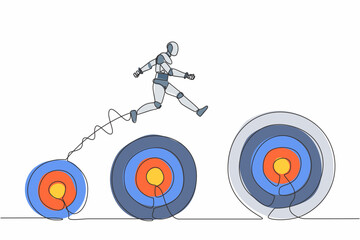Poster - Single one line drawing robot jumping up higher target career goals. The business next target. Future technology. Artificial intelligence machine learning. Continuous line design vector illustration