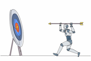Poster - Single one line drawing robot point big arrow on target. Goal achievement. Future technology development. Artificial intelligence and machine learning. Continuous line draw design vector illustration
