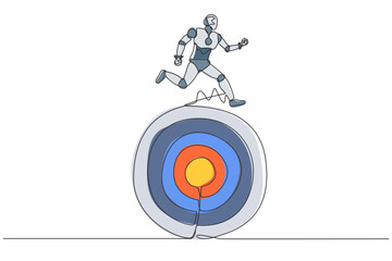 Poster - Continuous one line drawing robot move forward with goals. Robot running on target. Humanoid robot cybernetic organism. Future robotic development. Single line draw design vector graphic illustration