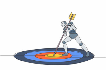 Poster - Single one line drawing robot mark goal with arrow. Robot holding arrow, hit target on ground. Future technology. Artificial intelligence machine learning. Continuous line design vector illustration