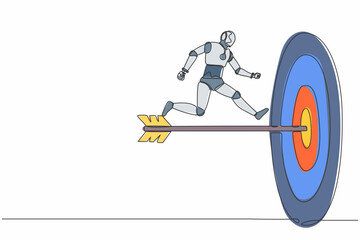 Poster - single continuous line drawing robot run to bullseye with dart. reach target success. robotic artifi