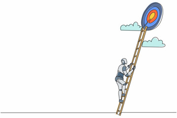 Poster - Single one line drawing robot rises up stairs to top of target. Achieving goal. Ladder sky. Future technology. Artificial intelligence and machine learning. Continuous line design vector illustration