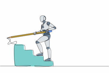 Poster - Continuous one line drawing robot use huge pencil to draw rising up stairs. Humanoid robot cybernetic organism. Future robotic development concept. Single line draw design vector graphic illustration