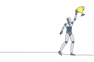Poster - Single one line drawing robot holding trophy with one hand. Success and goal achievement. Winning competition. Future technology development. continuous line draw design graphic vector illustration