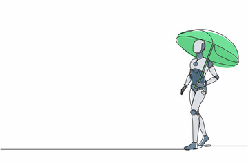 Poster - Single continuous line drawing robot with umbrella walking alone. Depression, passerby at hot weather. Robotic artificial intelligence. Electronic technology. One line draw design vector illustration