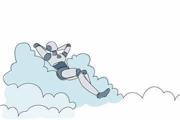 Poster - Single continuous line drawing robot relaxing laying on clouds. Break, vacation, coffee time and relaxation. Modern robotic artificial intelligence. One line draw graphic design vector illustration