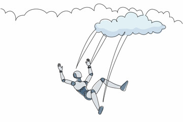 Poster - Continuous one line drawing robot falling from cloud and sky. Failure and defeat. Humanoid robot cybernetic organism. Future robotic development . Single line draw design vector graphic illustration