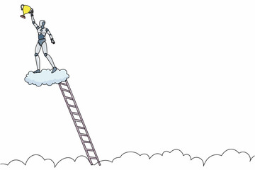 Poster - Continuous one line drawing robot climb ladder and holding trophy in cloud. Showing award celebrates his victory in sky. Humanoid robot cybernetic organism. Single line draw design vector illustration