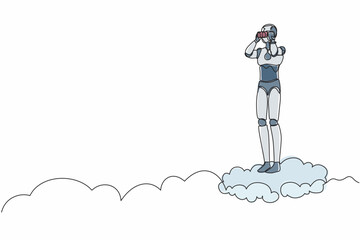 Poster - Single one line drawing robot on cloud holding binocular to search for business visionary. Future technology development. Artificial intelligence. Continuous line design graphic vector illustration