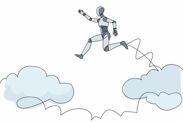 Sticker - Single one line drawing fearless brave robot make risk by jump over clouds to reach his success. Future technology. Artificial intelligence. Continuous line draw design graphic vector illustration