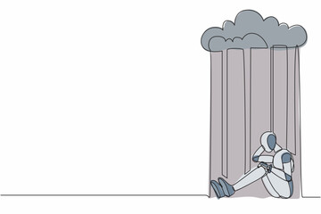 Poster - Continuous one line drawing robot feeling sad and depression sitting under rain and cloud. Humanoid robot cybernetic organism. Future robotic development. Single line draw design vector illustration