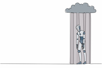 Poster - Single continuous line drawing unhappy depressed sad robot in stress walking under rain cloud. Robotic artificial intelligence. Electronic technology. One line draw graphic design vector illustration