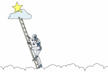 Poster - Single continuous line drawing robot climbing ladder to reach out for stars. Modern robotic artificial intelligence. Electronic technology industry. One line draw graphic design vector illustration