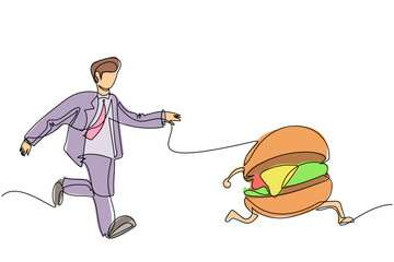 Poster - Single continuous line drawing businessman run chasing try to catch tasty fast food hamburger. Junk food, unhealthy, overweight, obesity. Business metaphor. One line draw design vector illustration