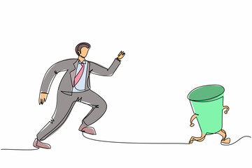 Poster - Single continuous line drawing businessman run chasing try to catch hourglass. Concept of stress, angry, burnout, deadlines, depression. Business metaphor. One line graphic design vector illustration