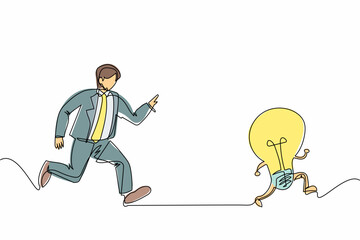 Poster - continuous one line drawing businessman run chasing try to catch idea light bulb. concept of creativ