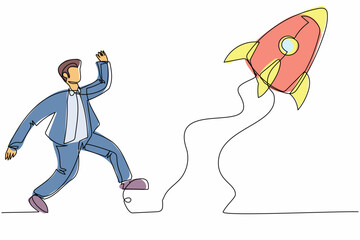 Poster - Single continuous line drawing businessman run chasing try to catch flying rocket. Concept of competitive, advantage, growth, marketing. Business metaphor. One line graphic design vector illustration
