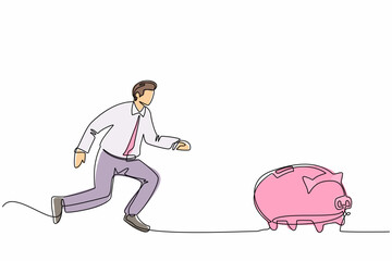 Poster - Single continuous line drawing businessman chasing piggy bank, trying to catch it and return his money. Financial crisis, ROI, return on investment business. One line draw design vector illustration