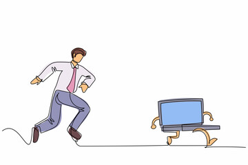 Poster - Continuous one line drawing furious businessman chasing laptop computer. Concept of stress, angry, burnout, headache, depression. Business metaphor. Single line draw design vector graphic illustration