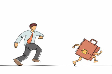 Poster - Single continuous line drawing businessman run chasing try to catch briefcase. Chasing high performance active mutual fund, buying rising star stock or funds. One line draw design vector illustration