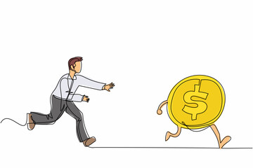 Poster - single one line drawing businessman run chasing try to catch high performance attractive dollar coin