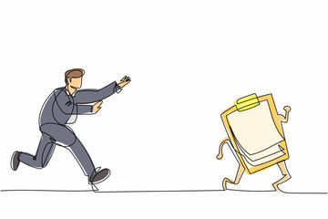 Poster - continuous one line drawing businessman run chasing try to catch clipboard. manager being chased by 