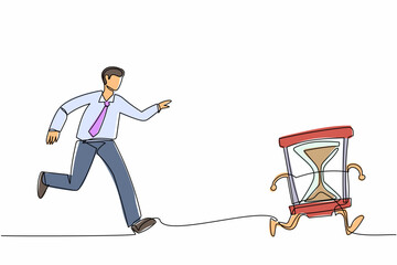 Poster - Single continuous line drawing businessman run chasing try to catch hourglass. Concept of stress, angry, burnout, deadlines, depression. Business metaphor. One line graphic design vector illustration