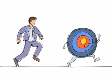 Poster - continuous one line drawing businessman run chasing try to catch big dart target. office worker runn