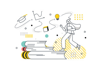 Aufkleber - Education concept with people scene in the flat line cartoon design. The girl reads a lot of books and acquires new knowledge. Vector illustration.