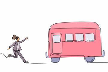 Poster - Single one line drawing businesswoman run chasing try to catch train. Hurry running to get transportation, public passenger vehicle. Business metaphor. Continuous line draw design vector illustration
