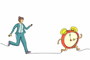 Poster - Single continuous line drawing stressed businesswoman chasing alarm clock. Manager being chased by work deadlines. Running out of time. Business metaphor. One line graphic design vector illustration