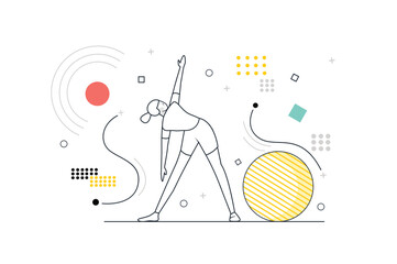 Fototapete - fitness concept with people scene in the flat line cartoon design. the girl performs various physica
