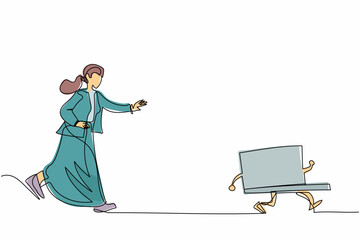Poster - Continuous one line drawing furious businesswoman chasing laptop computer. Stress, angry, burnout, headache, depression. Business metaphor concept. Single line draw design vector graphic illustration