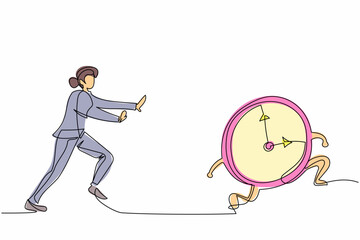 Poster - Single one line drawing stressed businesswoman chasing time or clock. Office worker being chased by work deadlines. Running out of time. Modern continuous line draw design graphic vector illustration