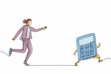Poster - Continuous one line drawing businesswoman chasing calculator. Math operations, budget, analytics, data, income, finance. Calculations and economy. Single line draw design vector graphic illustration