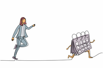 Poster - Single one line drawing businesswoman run chasing try to catch calendar. Manager being chased by work deadlines. Running out of time. Business metaphor. Continuous line draw design vector illustration