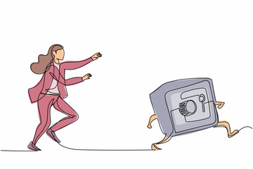 Poster - continuous one line drawing businesswoman run chasing try to catch safe deposit box. concept of secu