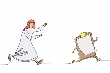 Poster - Single continuous line drawing Arab businessman chasing clipboard. Paperwork, filing checklist. Arabian manager signing document. Business metaphor. One line draw graphic design vector illustration