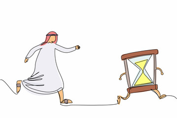 Poster - Single one line drawing Arab businessman chasing hourglass. Office worker run for finish working deadline. Time management. Business metaphor. Continuous line draw design graphic vector illustration