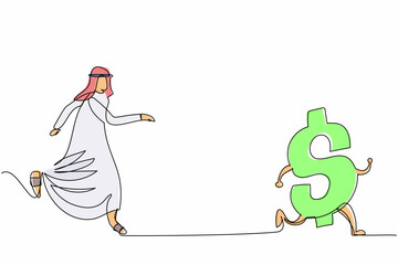 Poster - Single one line drawing Arab businessman chasing dollar symbol. Pursuit to success, wealth, financial freedom, rich, investment. Business metaphor. Continuous line design graphic vector illustration